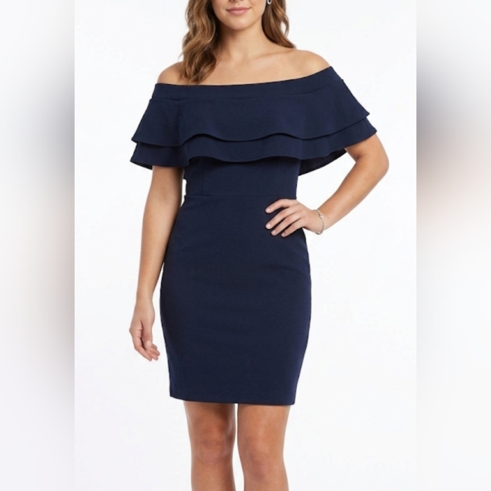 🌷Le Chateau Navy Off-Shoulder Ruffle Sheath Dress🌷size:XXL